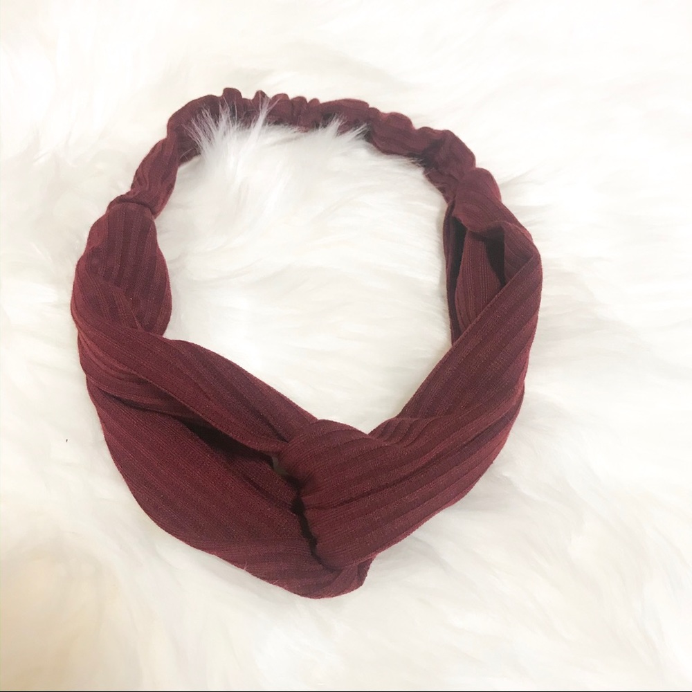Wine Red Ribbed Cross Knot Elastic Headband - Picture 2 of 6